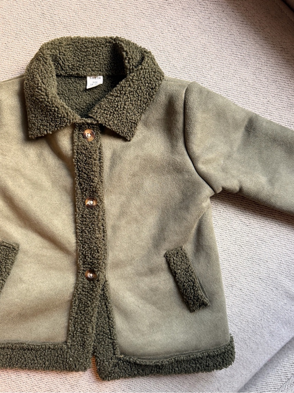 SHEIN Kids Olive Green Sherpa-Trim Button Jacket